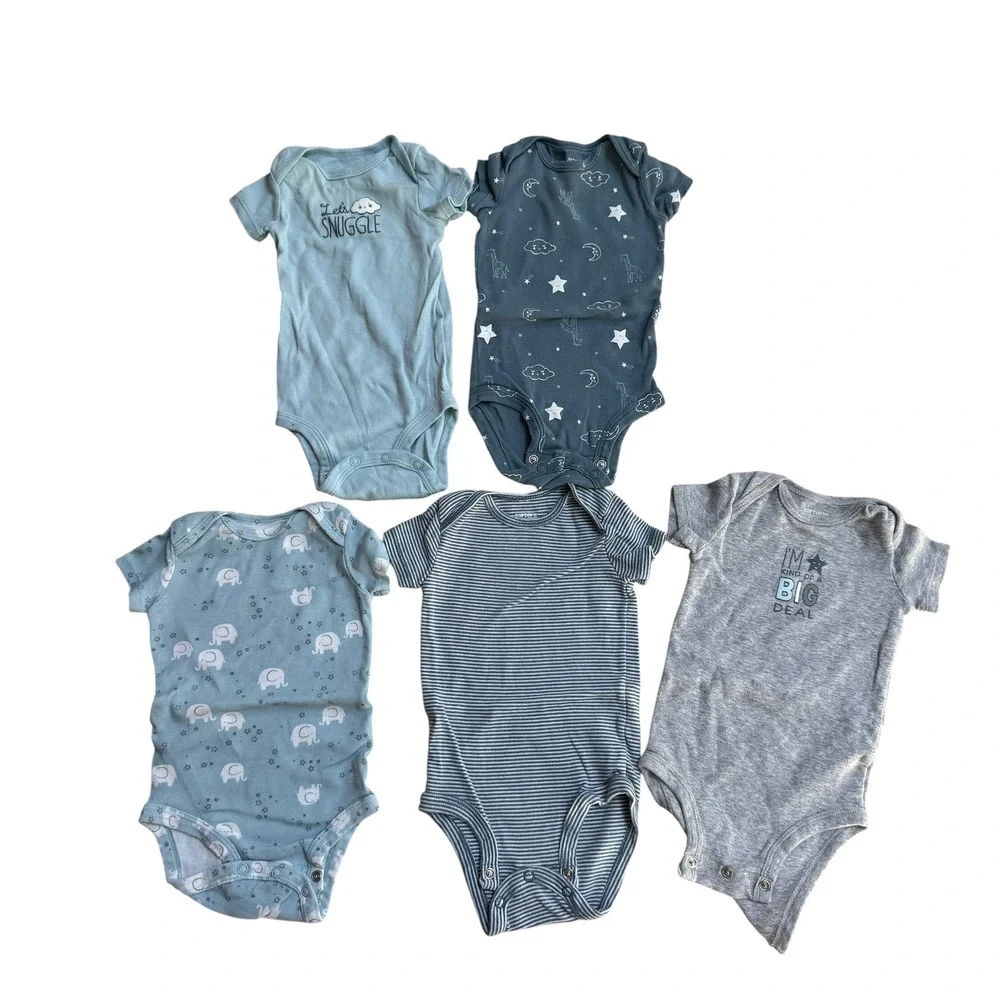 Carter's Bodysuits Baby 6M Blue Grey Short Sleeve 5-Pack‎ Bundle